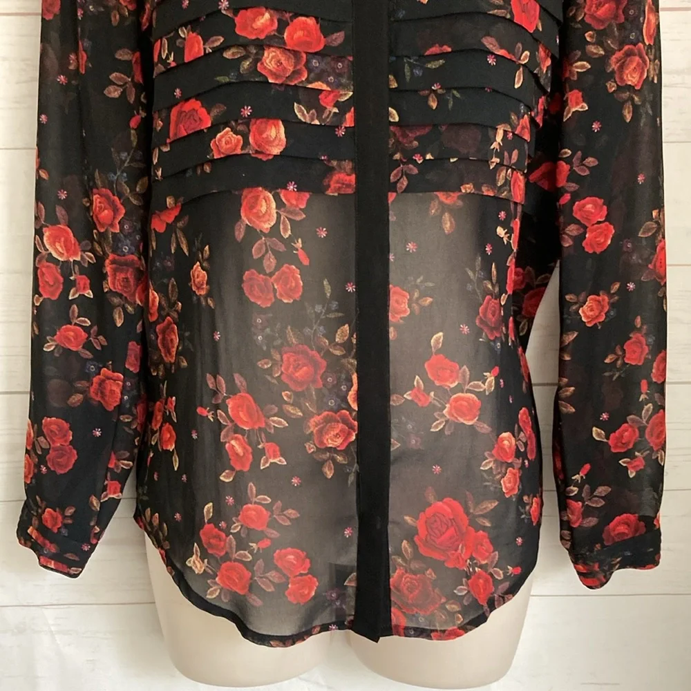 The Kooples Size XXS Romantic Floral Print Black Sheer button front Blouse - Picture 5 of 9